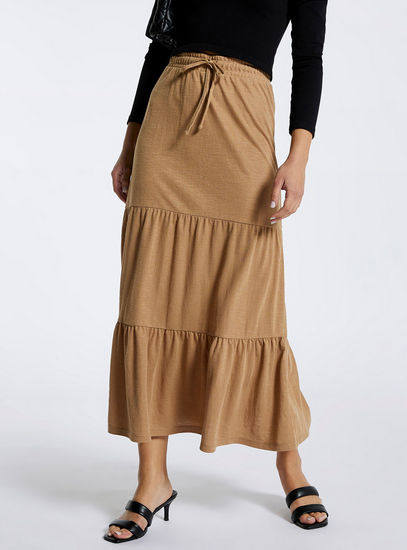 Solid Mid-Rise Tiered Skirt with Drawstring Closure
