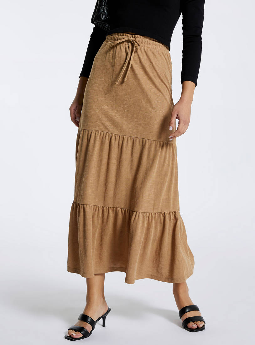 Solid Mid-Rise Tiered Skirt with Drawstring Closure-Midi-image-0