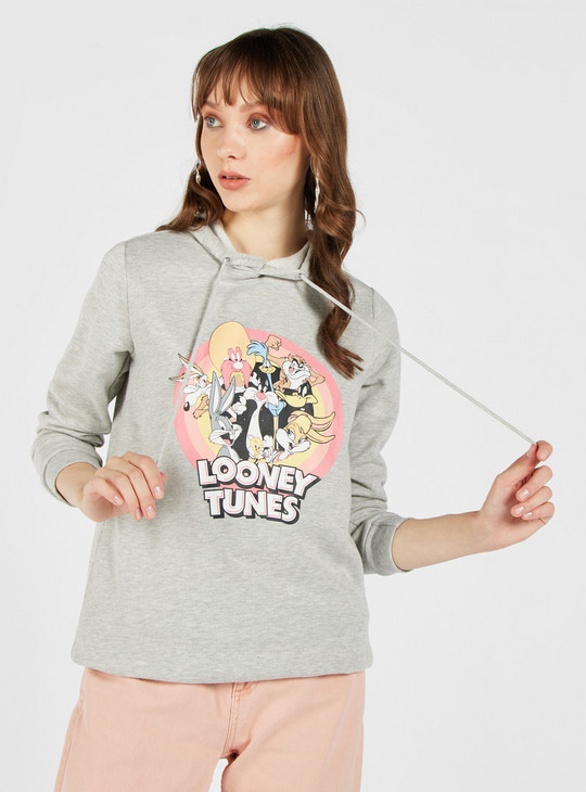 Looney Tunes Print Sweatshirt with Hood and Long Sleeves