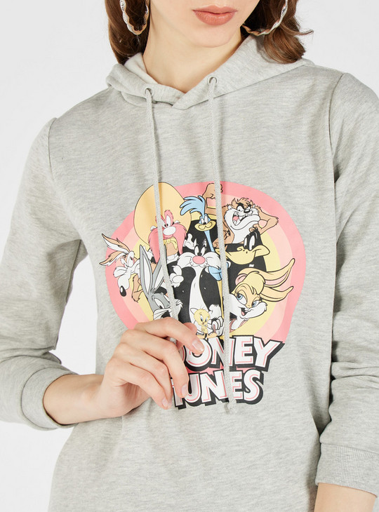 Looney Tunes Print Sweatshirt with Hood and Long Sleeves