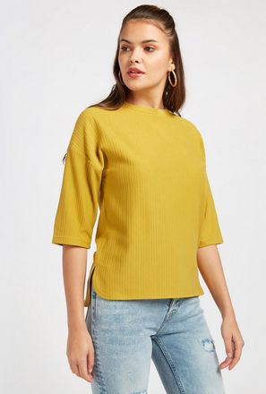 Textured Crew Neck Top with Elbow Sleeves