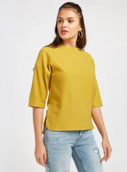 Textured Crew Neck Top with Elbow Sleeves-Blouses-image-0