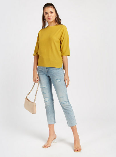 Textured Crew Neck Top with Elbow Sleeves-Blouses-image-1