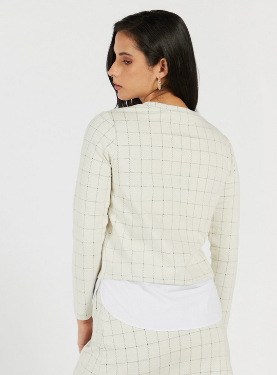 Checked 2-in-1 Top with Round Neck and Long Sleeves