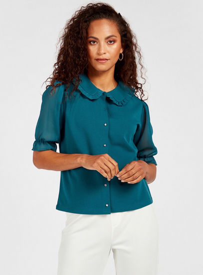 Solid Puff Sleeve Shirt with Peter Pan Collar and Ruffle Detail-Blouses-image-0