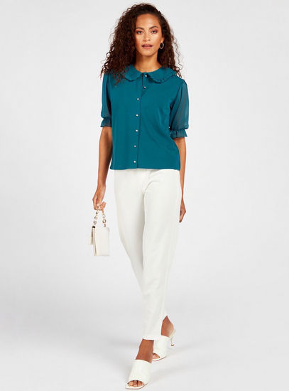 Solid Puff Sleeve Shirt with Peter Pan Collar and Ruffle Detail-Blouses-image-1