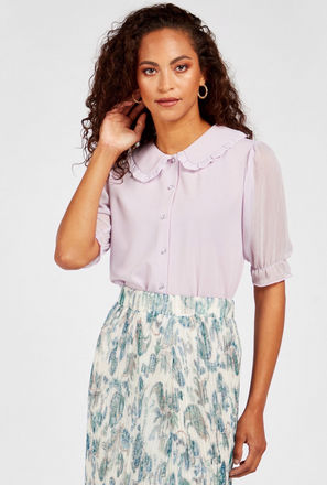 Solid Puff Sleeve Shirt with Peter Pan Collar and Ruffle Detail-mxwomen-clothing-tops-blouses-1