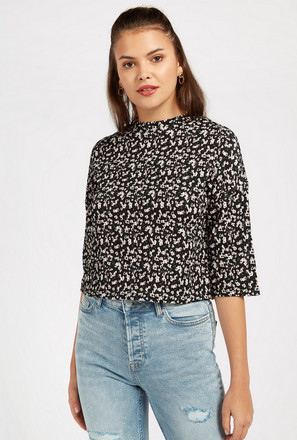 Floral Print Crop Top with High Neck and 3/4 Sleeves