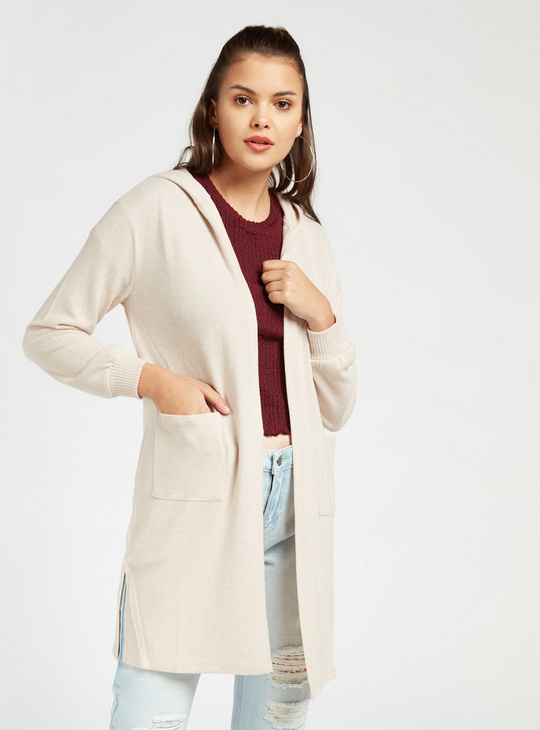 Solid Hooded Cardigan with Long Sleeves and Pockets