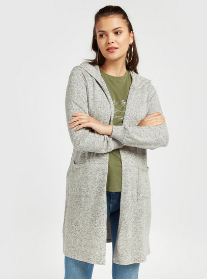 Solid Hooded Cardigan with Long Sleeves and Pockets-Sweaters & Cardigans-image-0