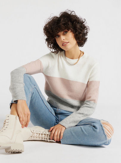 Colour Block Jumper with Long Sleeves-Sweaters & Cardigans-image-1