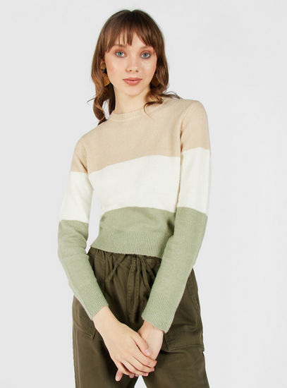 Colour Block Cropped Sweater with Round Neck and Long Sleeves-Sweaters & Cardigans-image-0