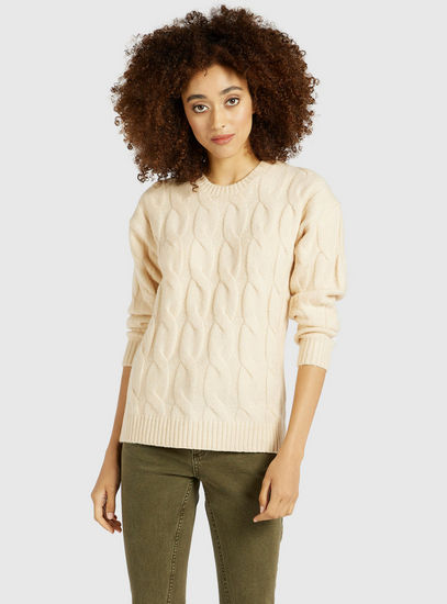 Textured Sweater with Round Neck and Long Sleeves-Sweaters & Cardigans-image-1