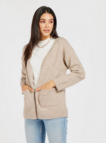 Textured Cardigan with Long Sleeves and Pockets-Sweaters & Cardigans-image-1