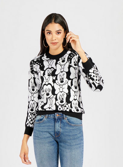 All-Over Minnie Mouse Print Sweater with Round Neck and Long Sleeves-Sweaters & Cardigans-image-1