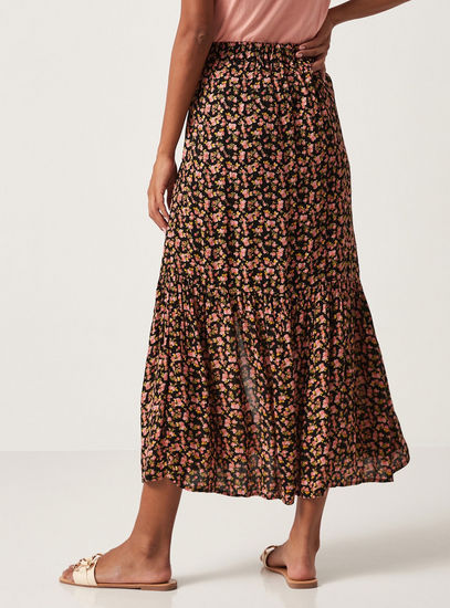 Floral Print Tiered Midi Skirt with Button Down Detail
