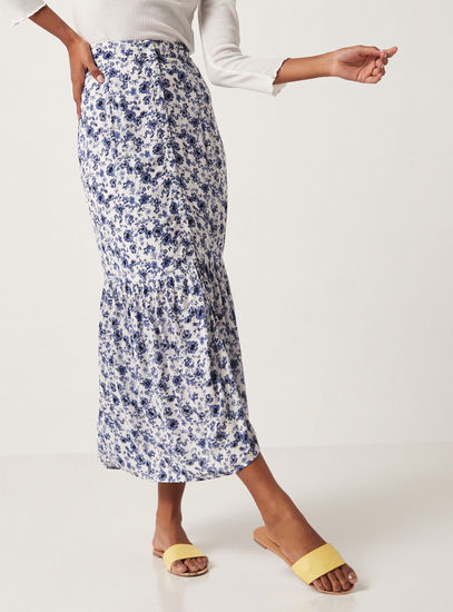 Floral Print Tiered Midi Skirt with Button Down Detail