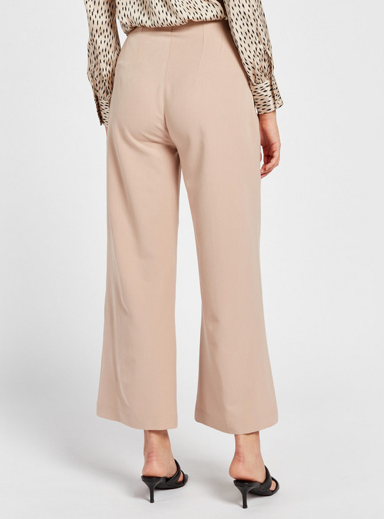 Solid Wide Leg Pant with Button Closure and Pintuck Detail