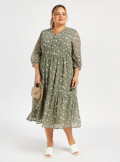 Floral Print Midi Tiered Dress with V-neck and 3/4 Sleeves