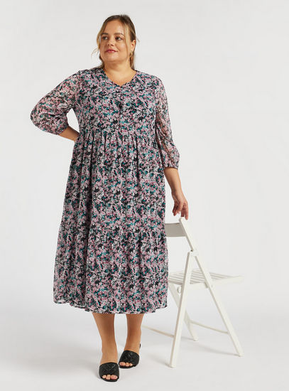 Floral Print Midi Tiered Dress with V-neck and 3/4 Sleeves-Midi-image-0