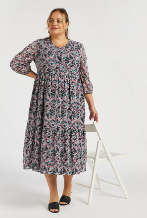 Floral Print Midi Tiered Dress with V-neck and 3/4 Sleeves