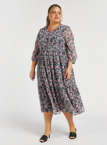 Floral Print Midi Tiered Dress with V-neck and 3/4 Sleeves-Midi-image-1