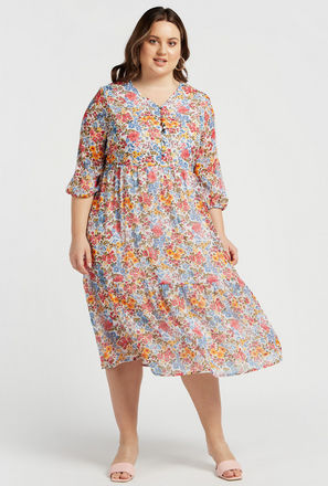 Floral Print V-neck Midi Tiered Dress with 3/4 Sleeves and Button Closure