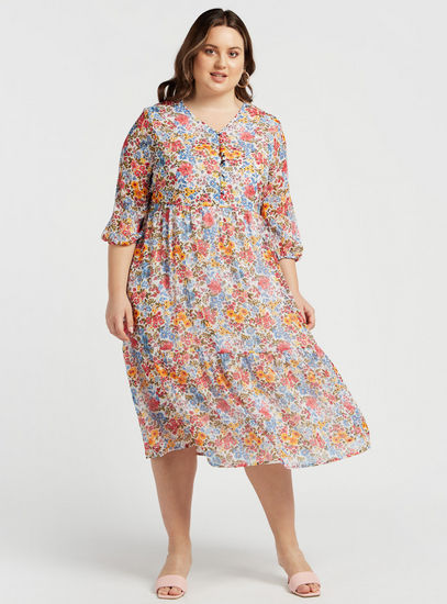 Floral Print V-neck Midi Tiered Dress with 3/4 Sleeves and Button Closure-Midi-image-0