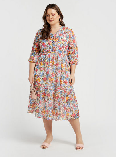 Floral Print V-neck Midi Tiered Dress with 3/4 Sleeves and Button Closure-Midi-image-1