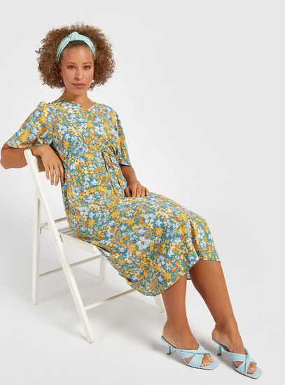 Satin Floral Print A-line Dress with Tie-Up Waist and V-neck