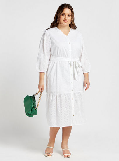 Schiffli Embroidered Midi Tiered Dress with 3/4 Sleeves and Tie-Up Belt