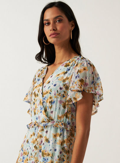 Printed Tiered V-neck Dress with Short Sleeves and Ruffle Detail