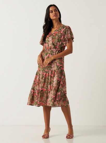Printed Tiered V-neck Dress with Short Sleeves and Ruffle Detail