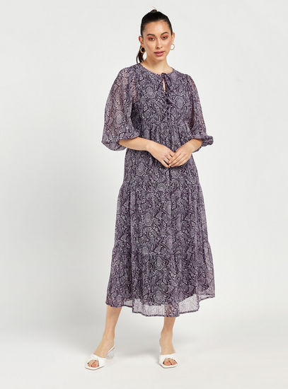 Printed Tiered Dress with 3/4 Sleeves and Tie-Up Detail-Midi-image-0