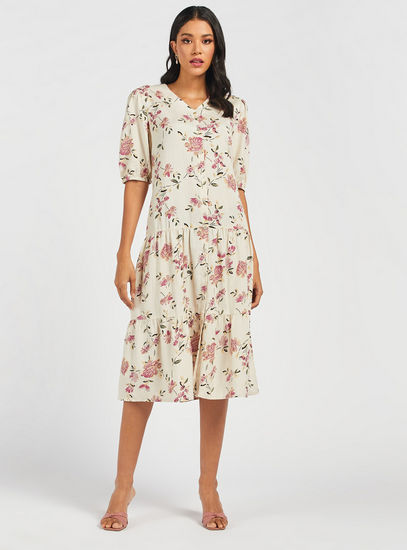 Floral Print Midi Tiered Dress with Button Closure and Short Sleeves-Midi-image-0