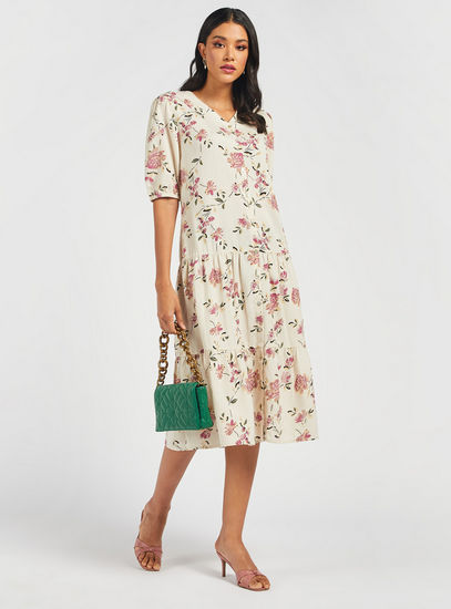 Floral Print Midi Tiered Dress with Button Closure and Short Sleeves-Midi-image-1