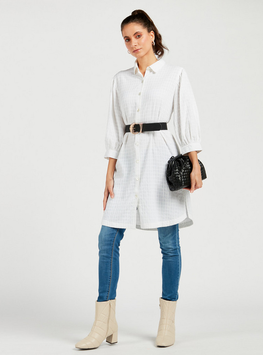 Checked Longline Tunic Shirt with Three Quarter Sleeves
