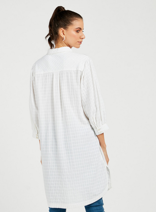 Checked Longline Tunic Shirt with Three Quarter Sleeves