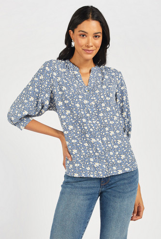 Floral Print Shirt with 3/4 Sleeves and Button Closure