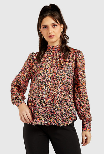 All-Over Floral Print Top with Turtle Neck and Long Sleeves
