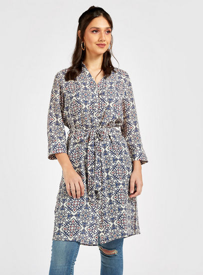 Shop All-Over Printed Longline Tunic Shirt with 3/4 Sleeves and Tie-Up Belt Online | Max UAE Shop All-Over Printed Longline Tunic Shirt with 3/4 Sleeves and Tie-Up Belt Online | Max UAE