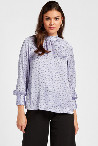 Floral Print High Neck Top with Long Sleeves and Shoulder Button Detail