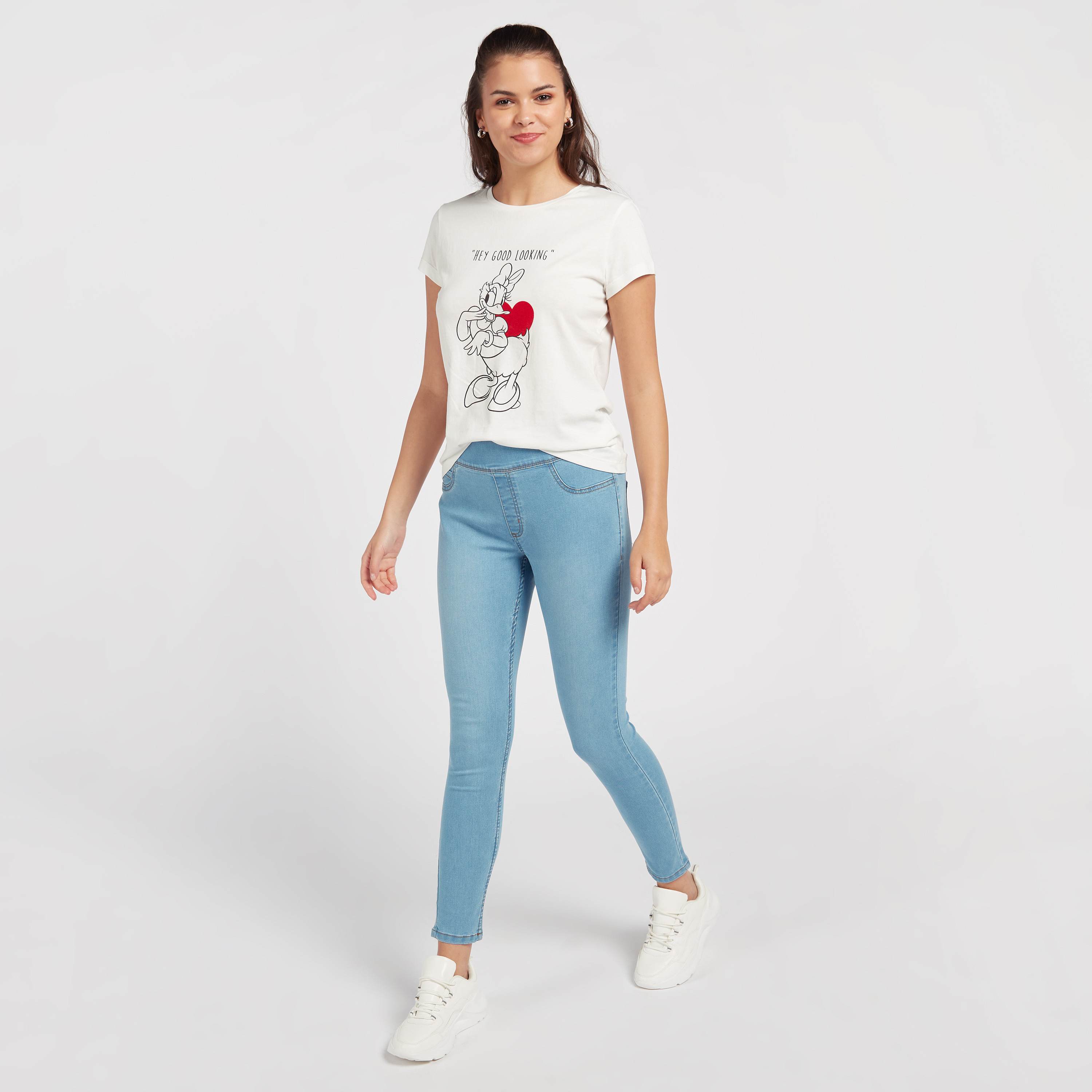 Shop Plain Full-Length Skinny Fit Jeggings with Elasticised