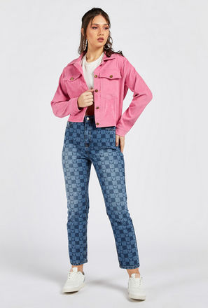 All-Over Mickey Mouse Checked Print Jeans with Pockets