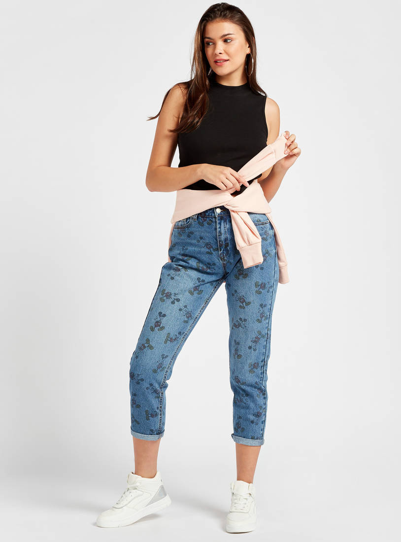 Mickey Mouse Print High-Rise Mom Jeans with Button Closure and Pockets-Mom-image-0