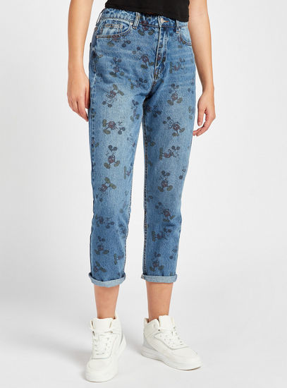 Mickey Mouse Print High-Rise Mom Jeans with Button Closure and Pockets