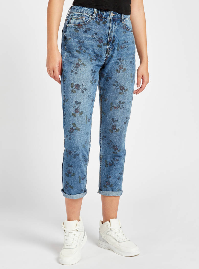 Mickey Mouse Print High-Rise Mom Jeans with Button Closure and Pockets-Mom-image-1