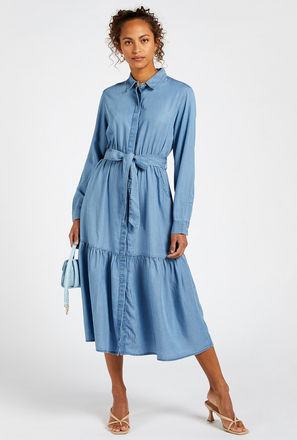 Solid Tiered Midi Dress with Tie-Up Bow and Hidden Placket