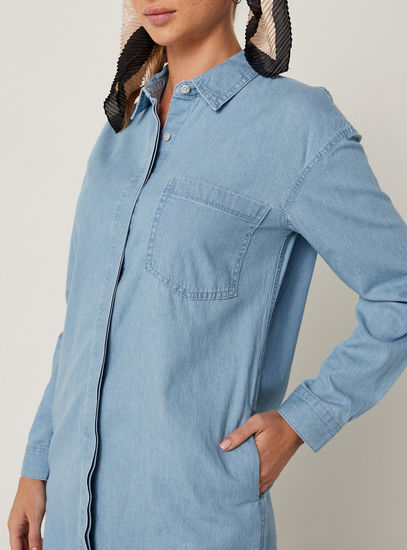 Solid Denim Shirt with Pockets and Button Closure