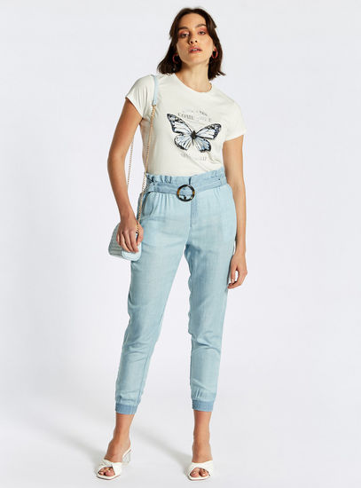 Solid Mid-Rise Denim Pants with Belted Paperbag Waist